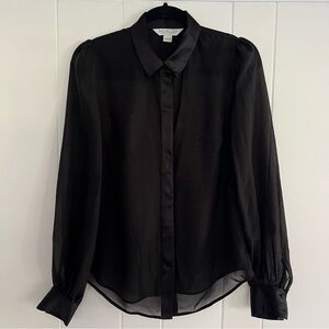 Rachel Zoe Black Silk Chiffon Sheer Tuxedo Blouse with Satin Trim